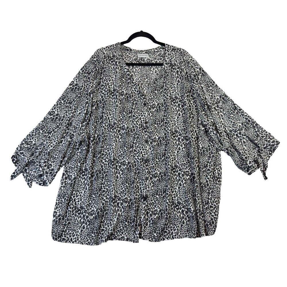 Catherines Blouse Womens 5X Black White Animal Print Button Up Long Sleeve Top